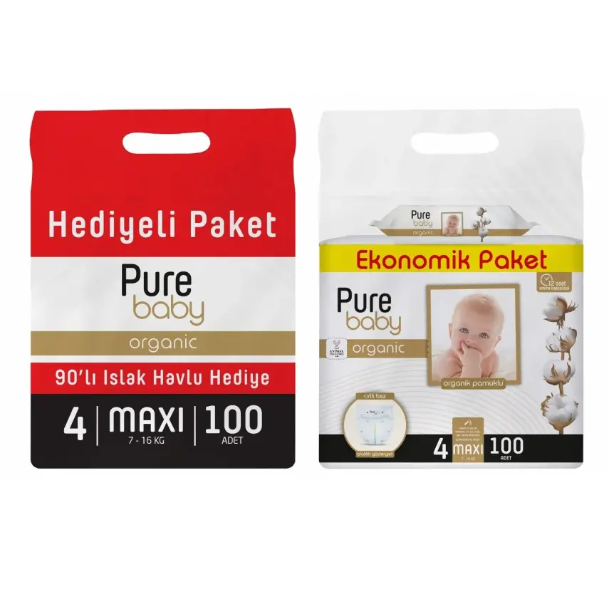 Pure Baby Organik Bebek Bezi 4 Beden Maxi 100lü Islak Mendil Hediyeli - 1