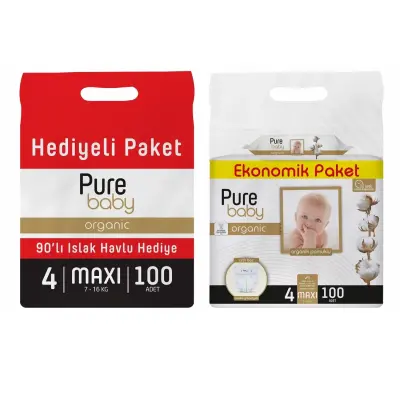 Pure Baby Organik Bebek Bezi 4 Beden Maxi 100lü Islak Mendil Hediyeli - 2