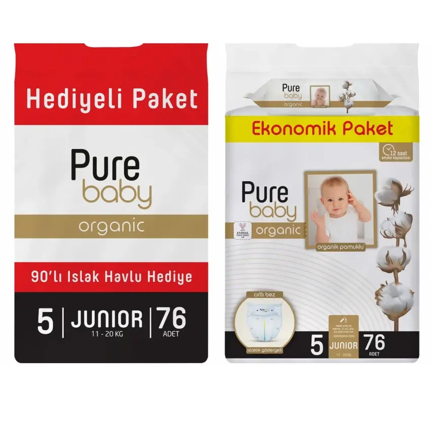 Pure Baby Organik Bebek Bezi 5 Beden Junior 76lı Islak Mendil Hediyeli - 1