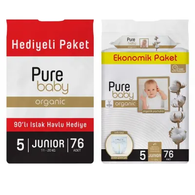 Pure Baby Organik Bebek Bezi 5 Beden Junior 76lı Islak Mendil Hediyeli - 2