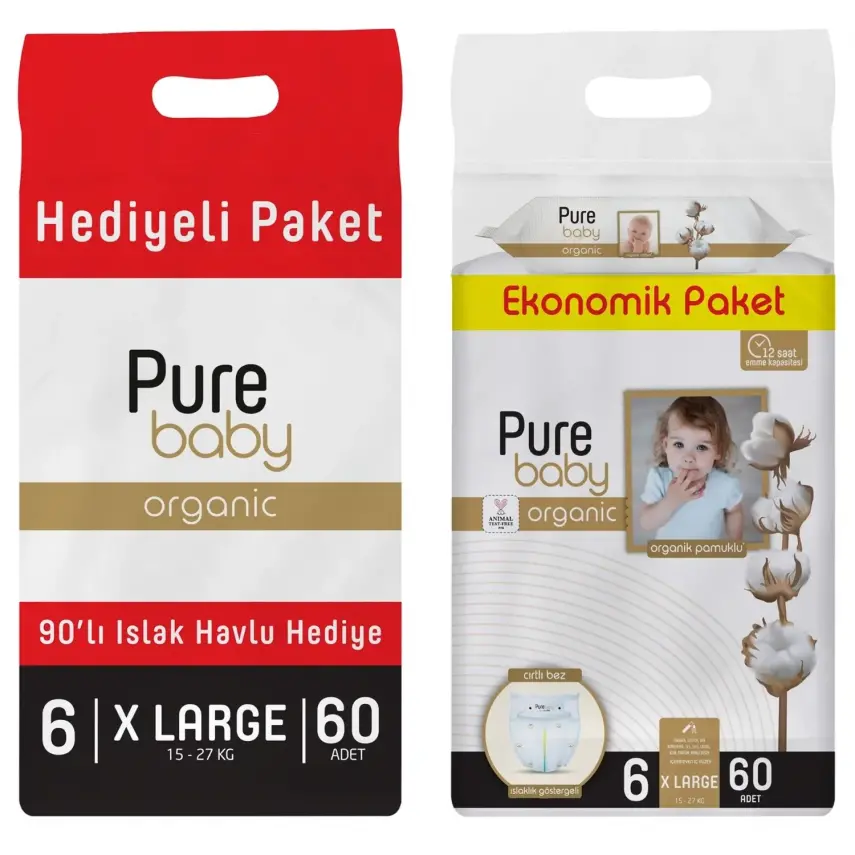 Pure Baby Organik Bebek Bezi 6 Beden XL 60lı Islak Mendil Hediyeli - 3