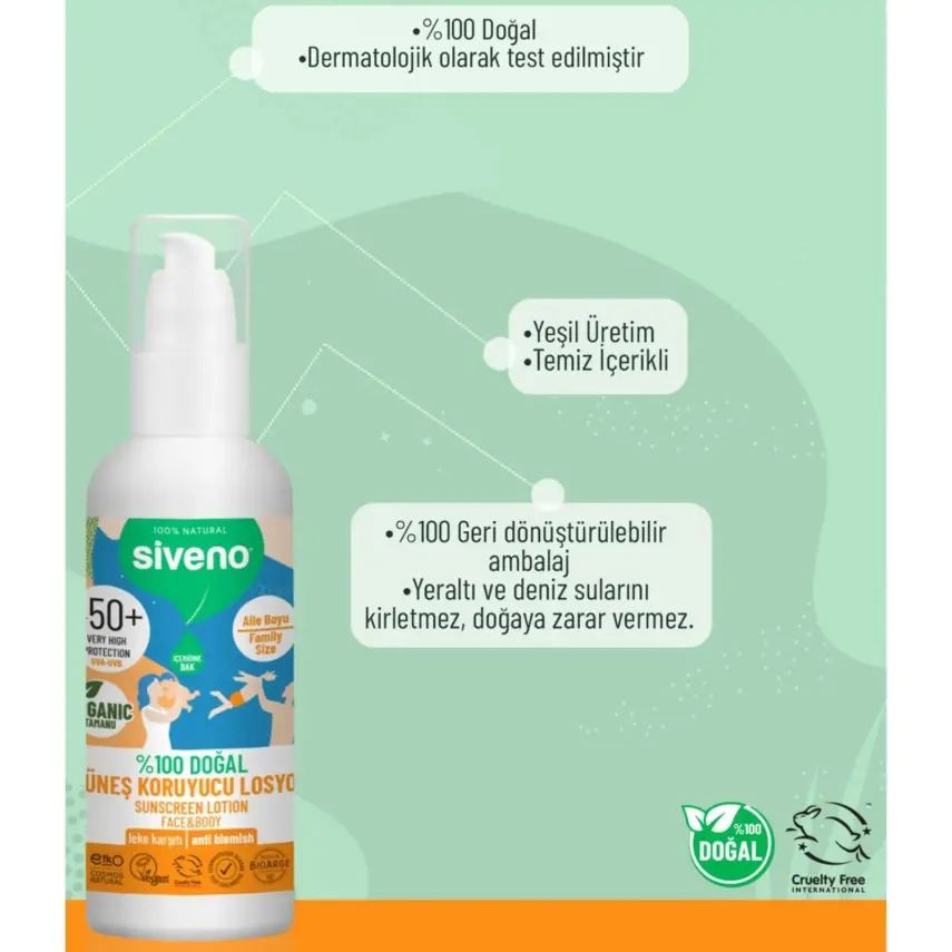 Siveno %100 Doğal Tüm Aile İçin Güneş Losyonu 50 SPF 100ml - 14