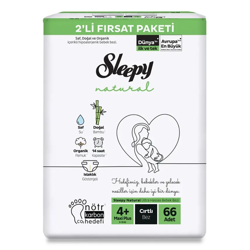 Sleepy Bebek Bezi Natural 4+ Beden Maxi Plus 9-16 Kg 66lı Fırsat Paket - 1