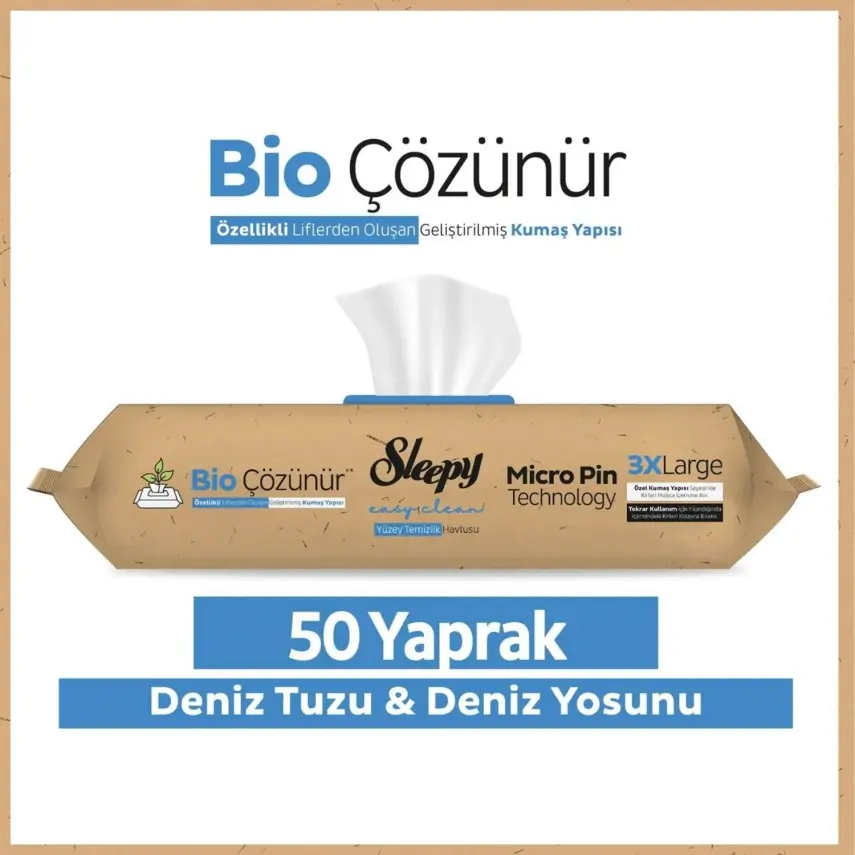 Sleepy Bio Çözünür Yüzey Temizlik Havlusu Deniz Tuzu Ve Deniz Yosunu 50li - 1
