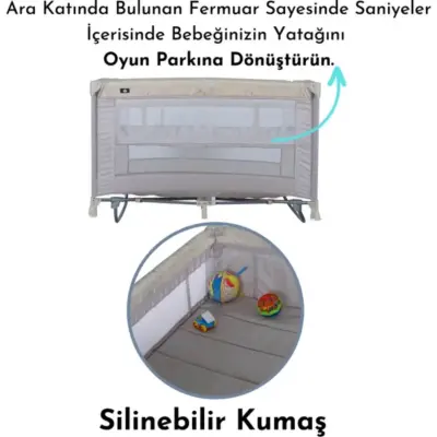 Sunny Baby Seul Ara Katlı Sallanma Aparatlı Oyun Parkı Park Yatak 70X120 Cm Bej - 9