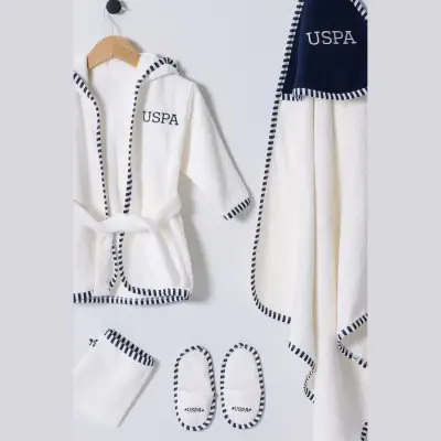 U.S. Polo Erkek Bebek Bornoz Takımı 4lü Ekru - 3