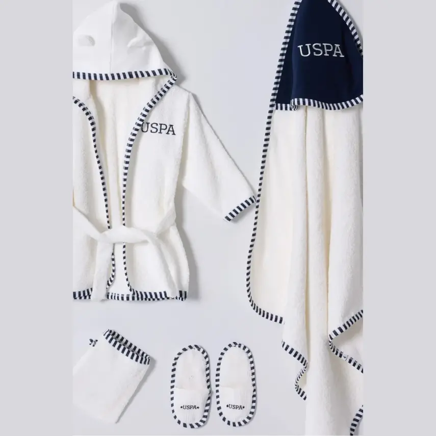 U.S. Polo Erkek Bebek Bornoz Takımı 4lü Ekru - 4