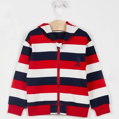 U.S. Polo Erkek Hırka Kapşonlu Krem Çizgili