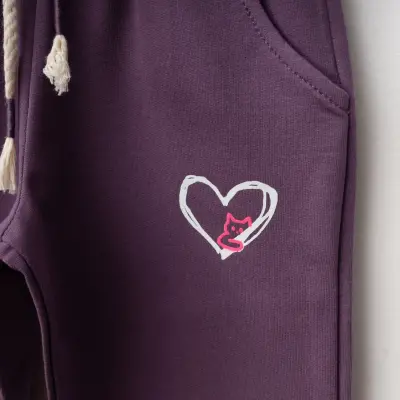 Winimo Kız Çocuk Eşofman Altı Kalpli Kedi Baskılı Mor - 2