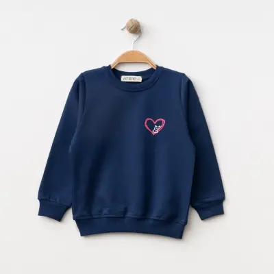 Winimo Kız Çocuk Sweatshirt Kalpli Kedi Baskılı Lacivert