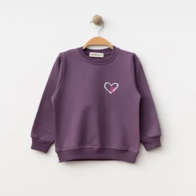 Winimo Kız Çocuk Sweatshirt Kalpli Kedi Baskılı  Mor - 5