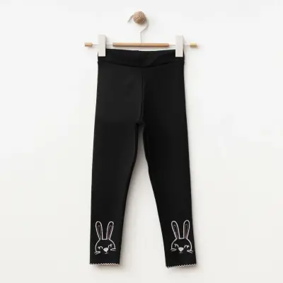 Winimo Tavşan Nakışlı Fitilli Kız Çocuk Tayt Siyah