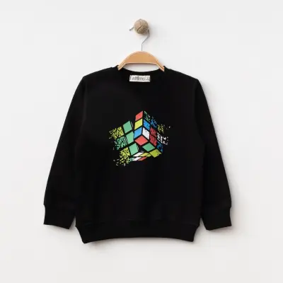 Winimo Unisex Çocuk Sweatshirt Zeka Küpü Baskılı Siyah - 3