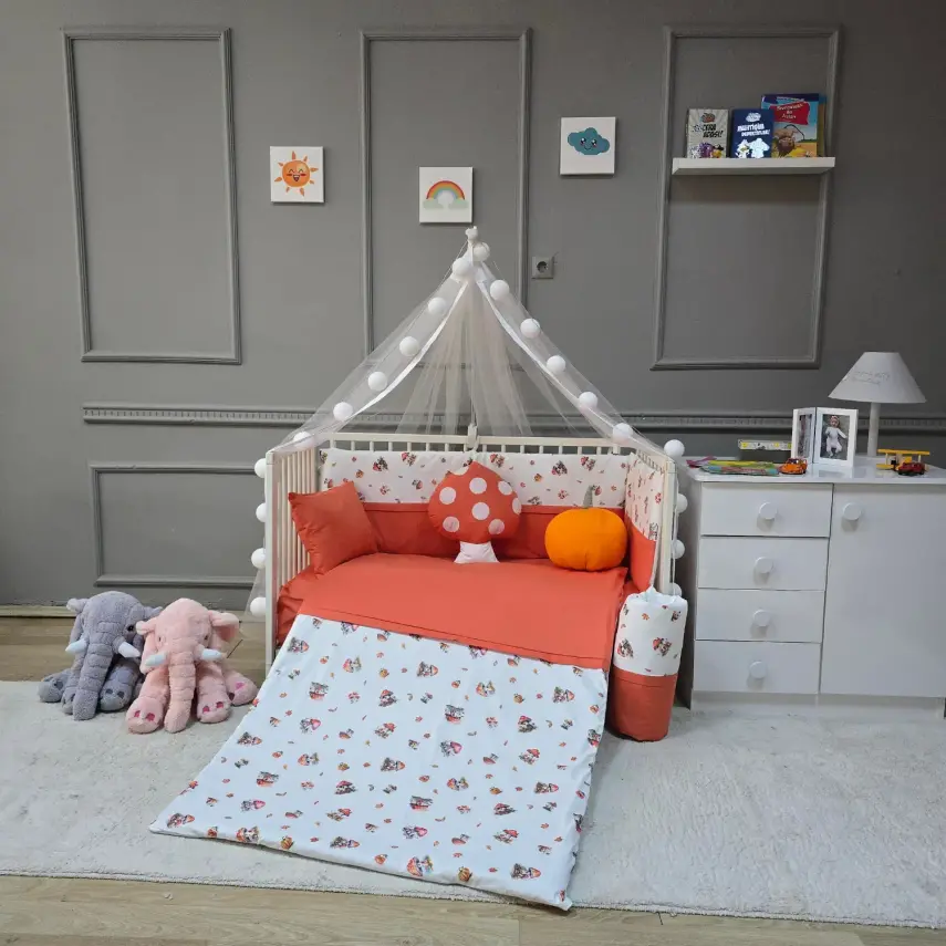 Yuar Baby Yan Duvarlı Beşik Uyku Seti Turuncu Mantar - 1