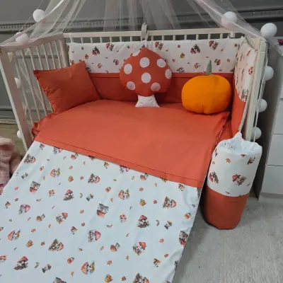 Yuar Baby Yan Duvarlı Beşik Uyku Seti Turuncu Mantar - 2