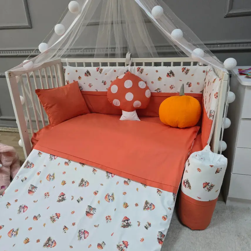 Yuar Baby Yan Duvarlı Beşik Uyku Seti Turuncu Mantar - 4